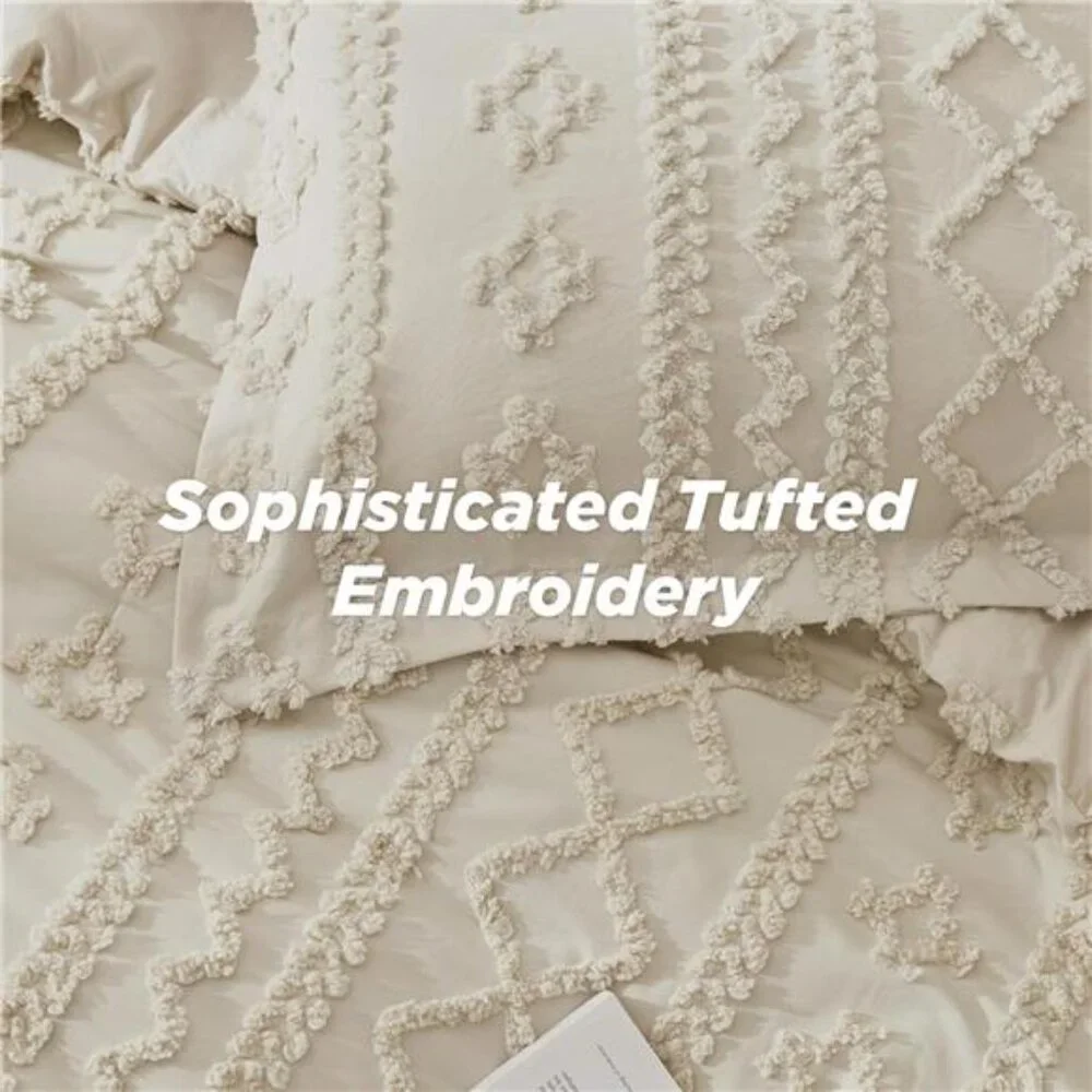 Tufted Boho Comforter Set Queen Size - Beige Boho Bed Set, 3 Pieces Farmhouse
